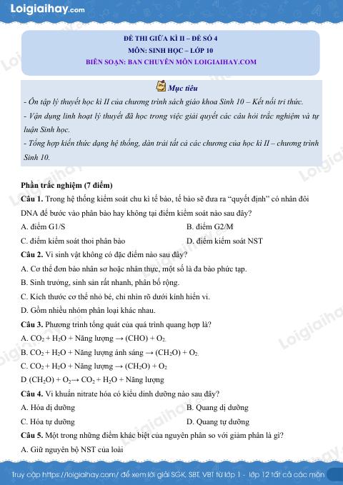 Đề thi giữa kì 2 Sinh 10 Kết nối tri thức - Đề số 4